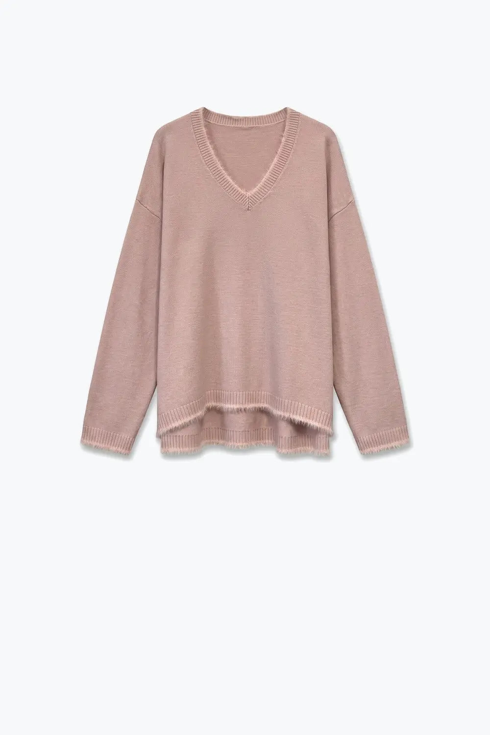 dusty pink V-Neck Sweater with Faux Fur Trim