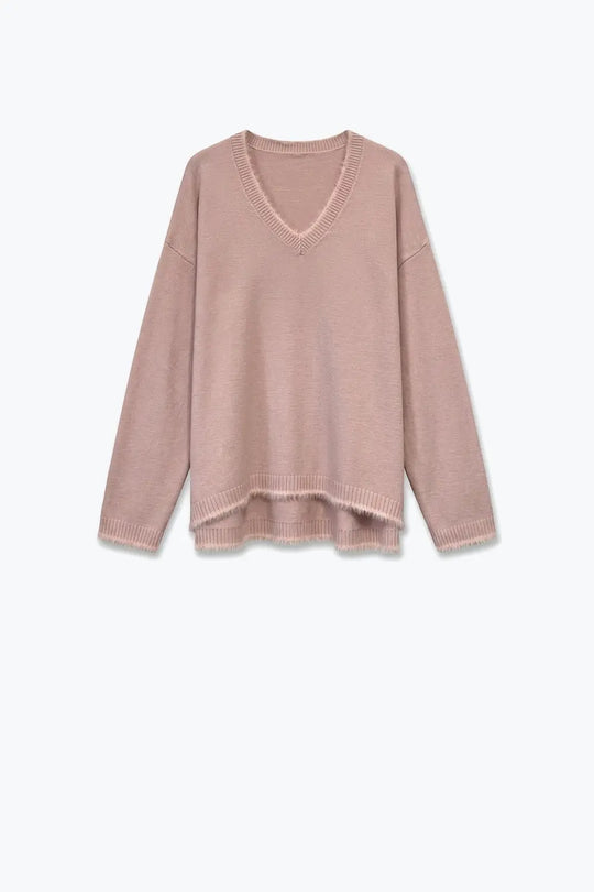 dusty pink V-Neck Sweater with Faux Fur Trim