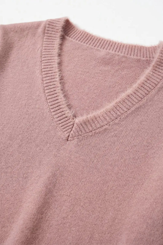 dusty pink V-Neck Sweater with Faux Fur Trim