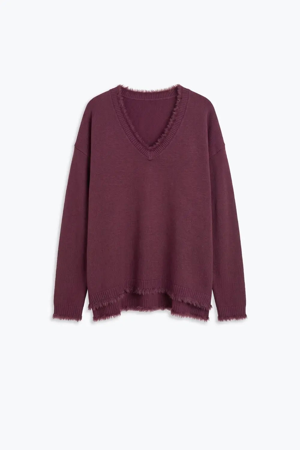 Purple V-Neck Sweater with Faux Fur Trim