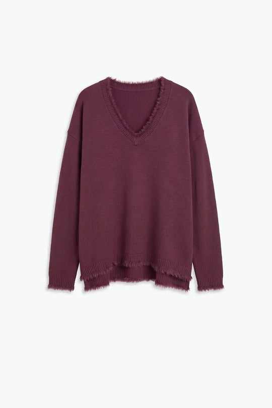 Purple V-Neck Sweater with Faux Fur Trim