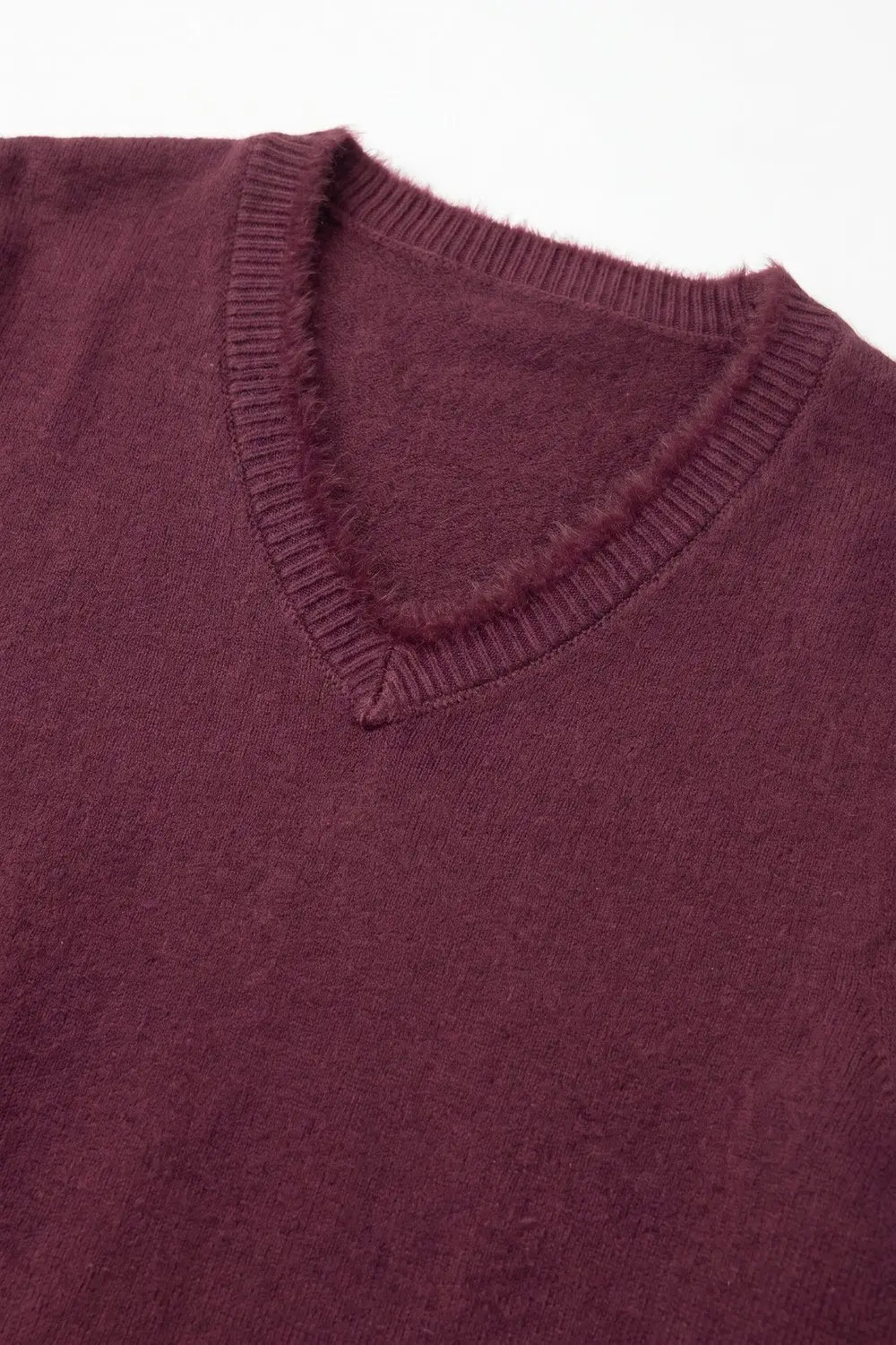 Purple V-Neck Sweater with Faux Fur Trim