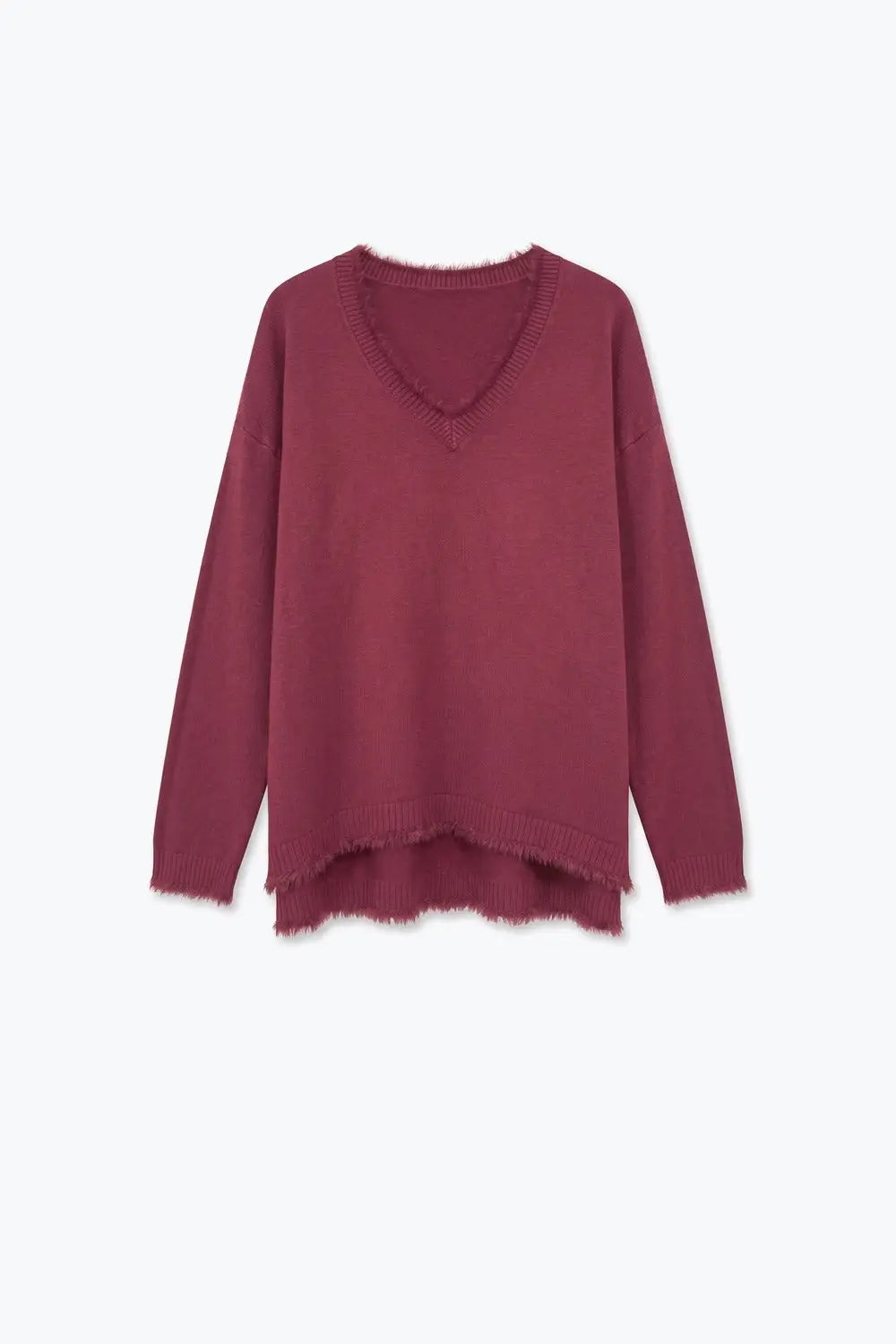 Burgundy V-Neck Sweater with Faux Fur Trim