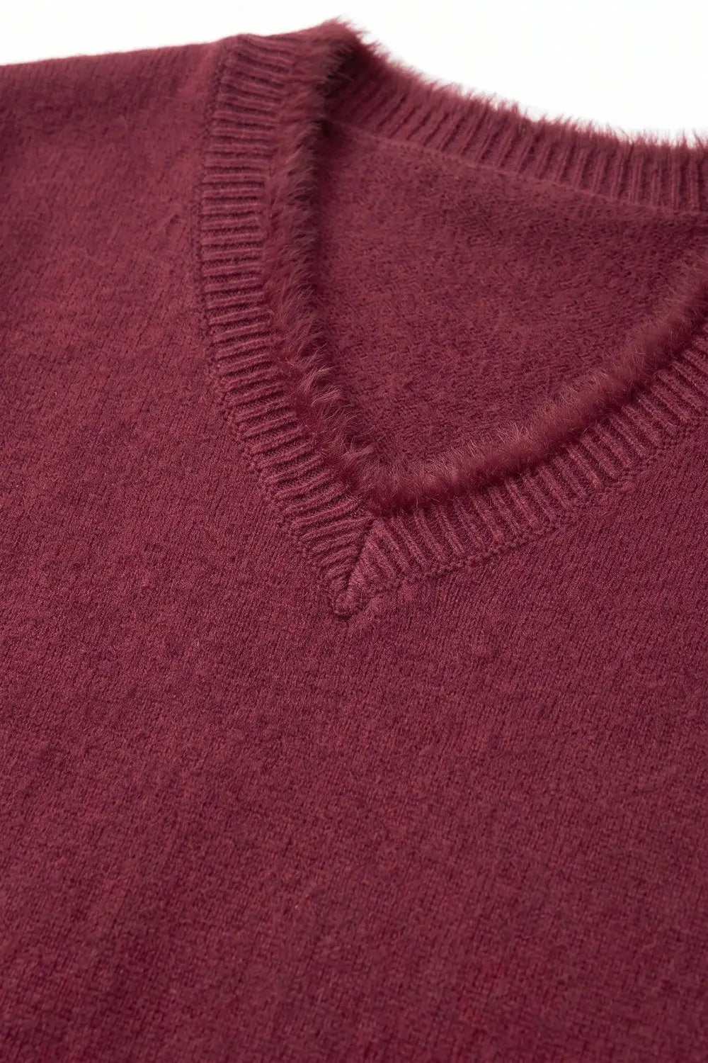 Burgundy V-Neck Sweater with Faux Fur Trim