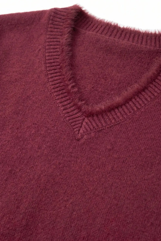 Burgundy V-Neck Sweater with Faux Fur Trim