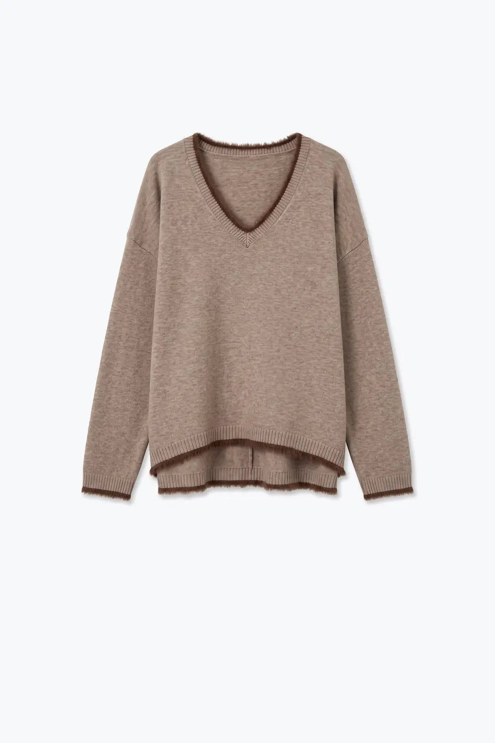 Camel V-Neck Sweater with Faux Fur Trim
