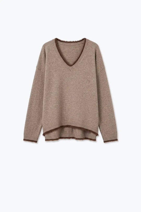 Camel V-Neck Sweater with Faux Fur Trim
