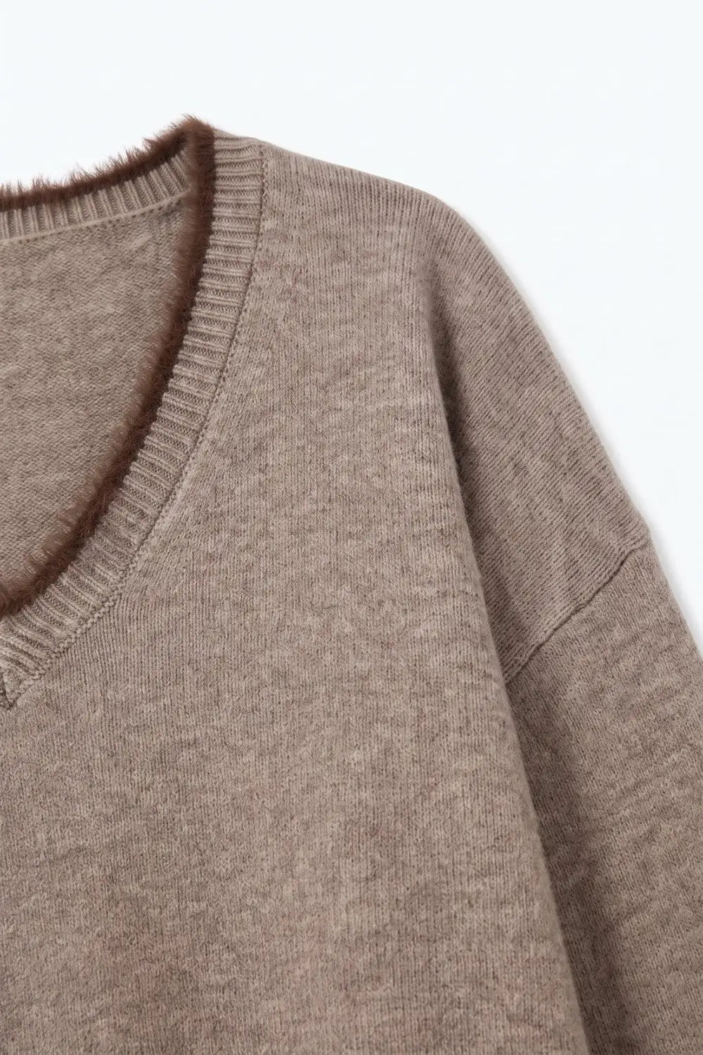 Camel V-Neck Sweater with Faux Fur Trim