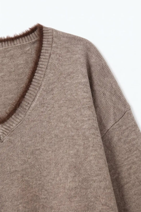 Camel V-Neck Sweater with Faux Fur Trim