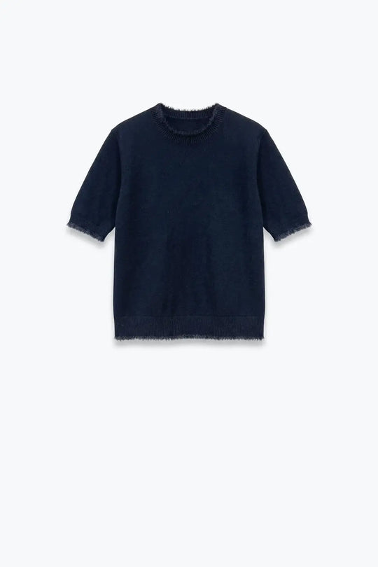 Black Short Sleeve Crew Neck Sweater with Faux Fur Trim