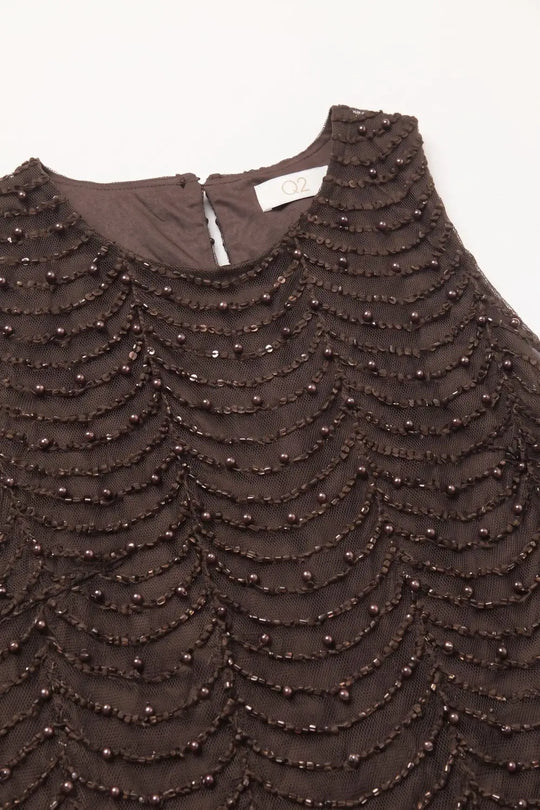 Brown Mesh Beaded Scallop Hem Sleeveless Top