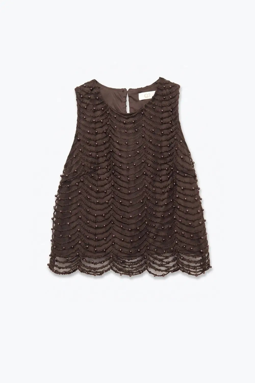 Brown Mesh Beaded Scallop Hem Sleeveless Top