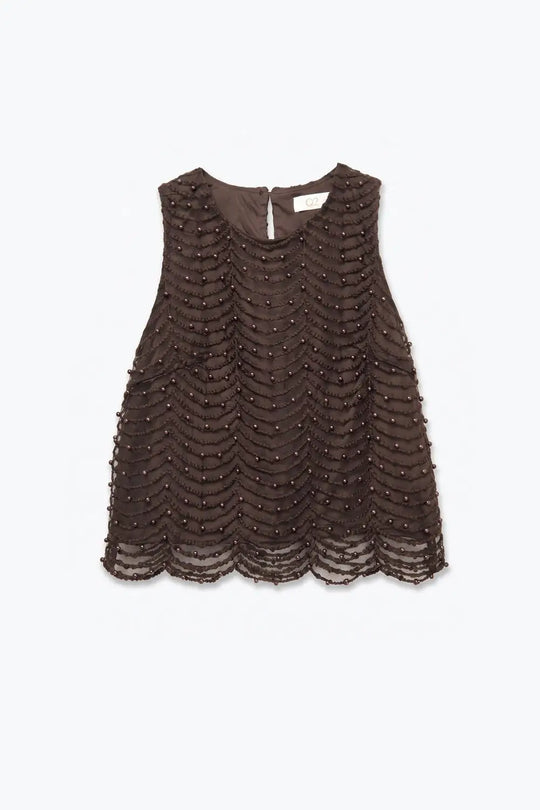 Brown Mesh Beaded Scallop Hem Sleeveless Top