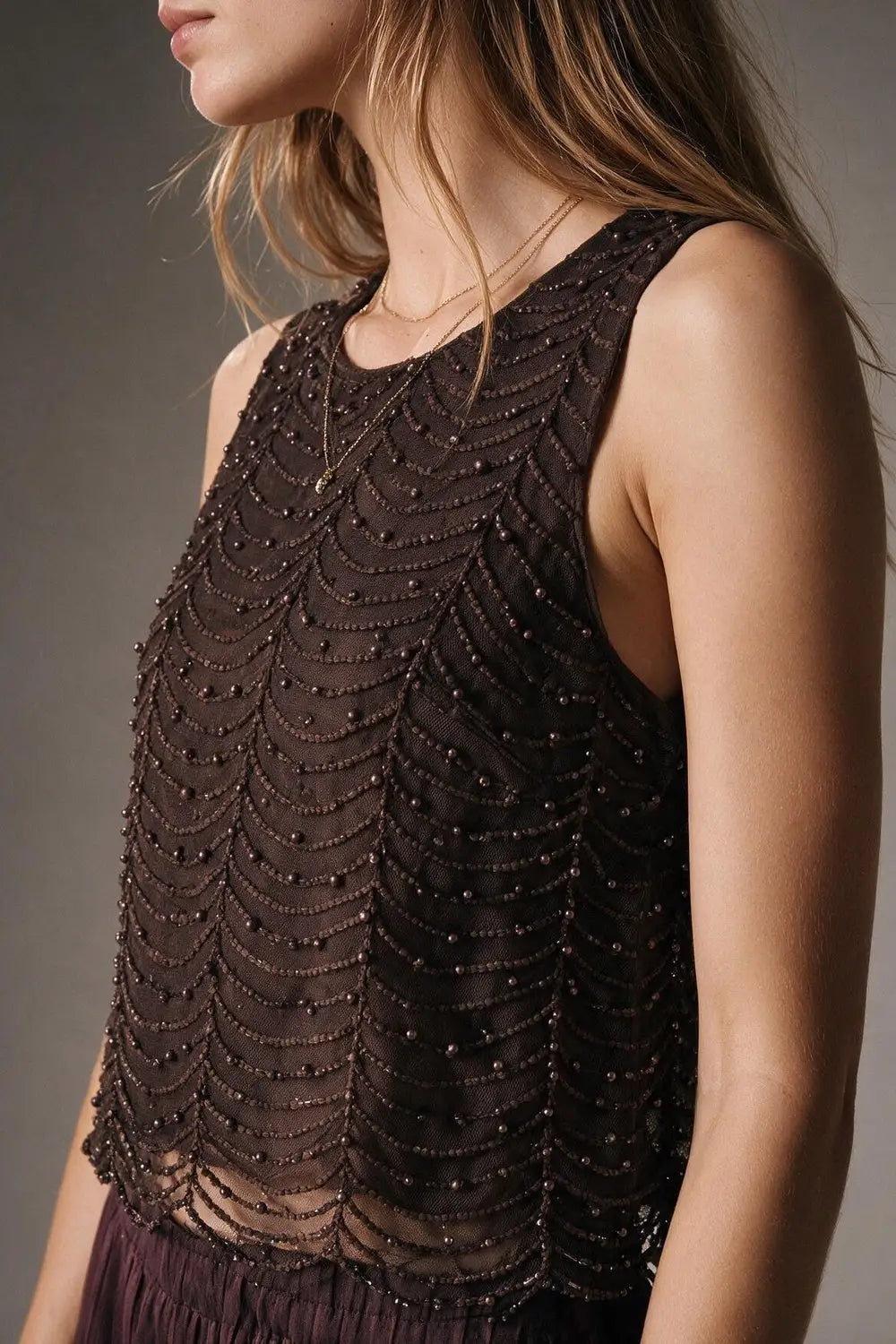 Brown Mesh Beaded Scallop Hem Sleeveless Top
