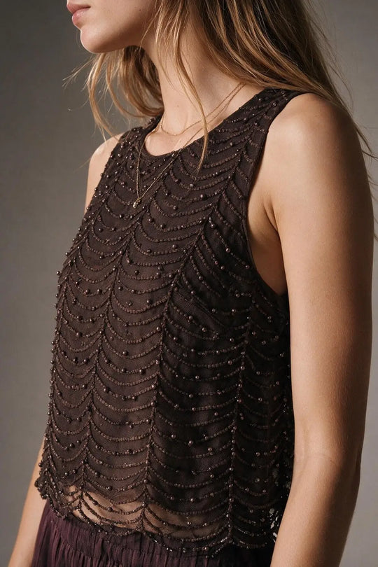 Brown Mesh Beaded Scallop Hem Sleeveless Top