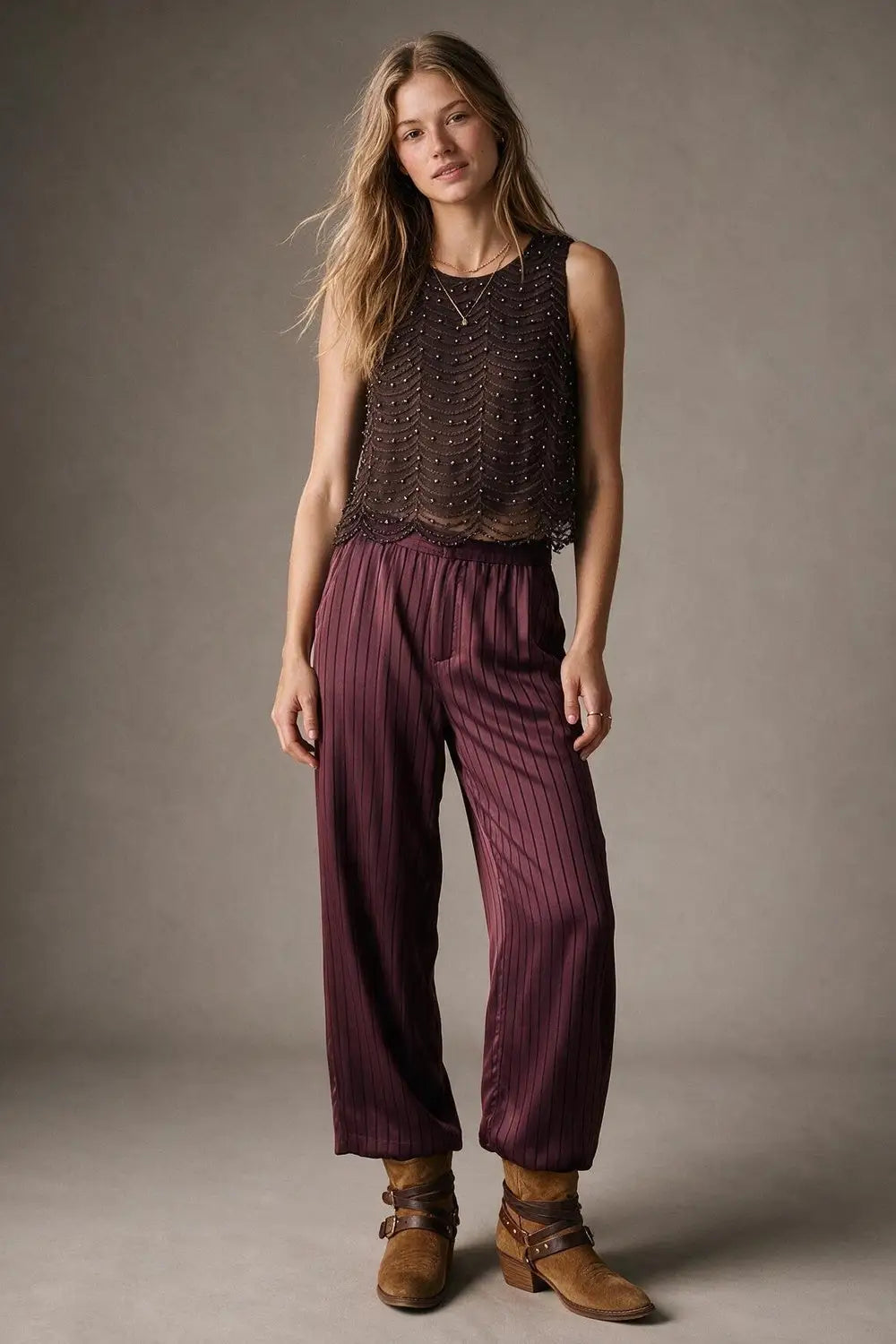 Brown Mesh Beaded Scallop Hem Sleeveless Top