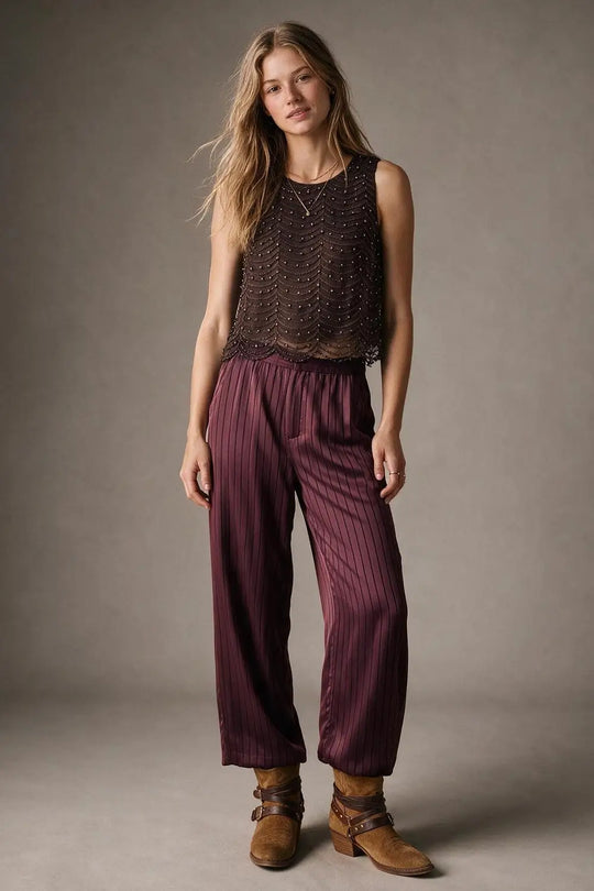 Brown Mesh Beaded Scallop Hem Sleeveless Top