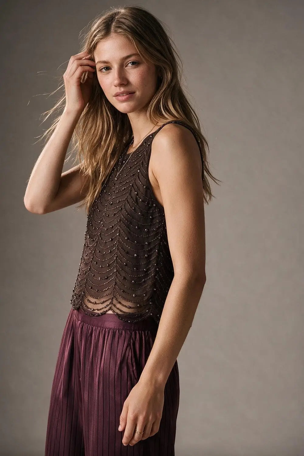 Brown Mesh Beaded Scallop Hem Sleeveless Top