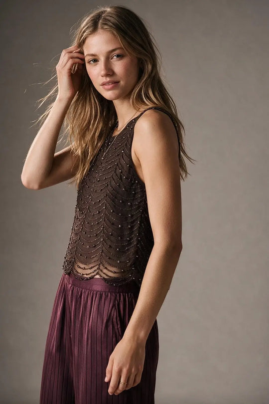 Brown Mesh Beaded Scallop Hem Sleeveless Top