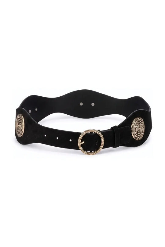 Black Suede Gold Swirl Buckle Wide Waist Belt