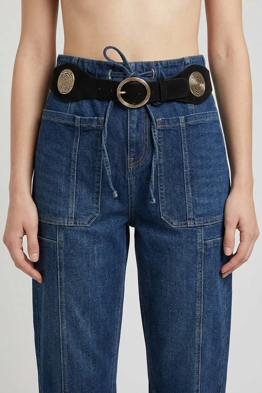 Black Suede Gold Swirl Buckle Wide Waist Belt