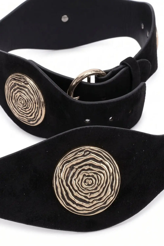Black Suede Gold Swirl Buckle Wide Waist Belt