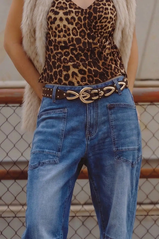 Choco Faux Leather Gold Buckle Studded Detail Waist Belt