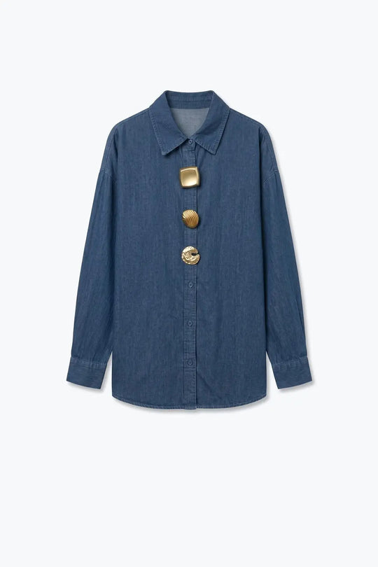 Denim Blue dark Wash Chambray Gold Button Shirt