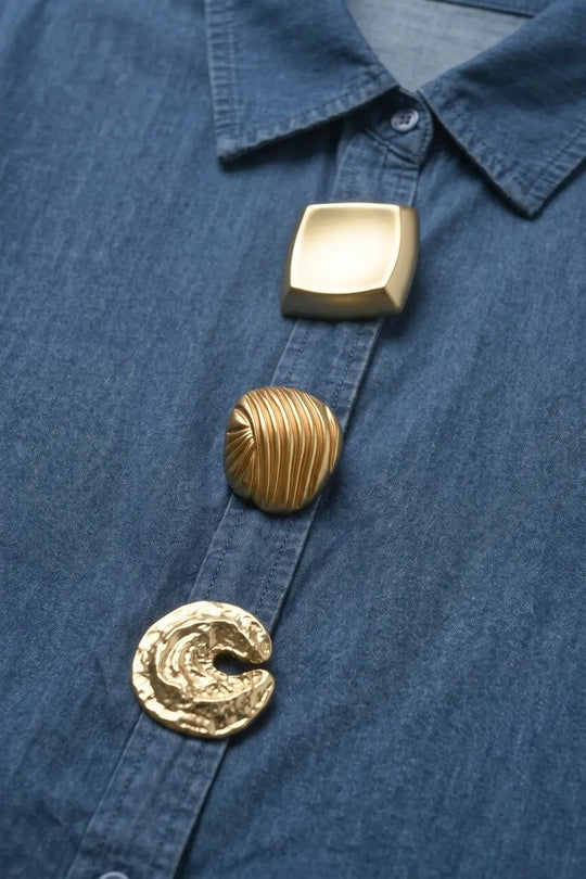 Denim Blue dark Wash Chambray Gold Button Shirt