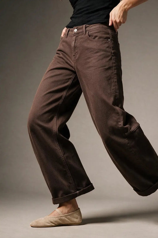 Brown Wide-Leg Cotton Twill Pants with Pockets in Barrel Style