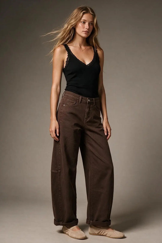 Brown Wide-Leg Cotton Twill Pants with Pockets in Barrel Style