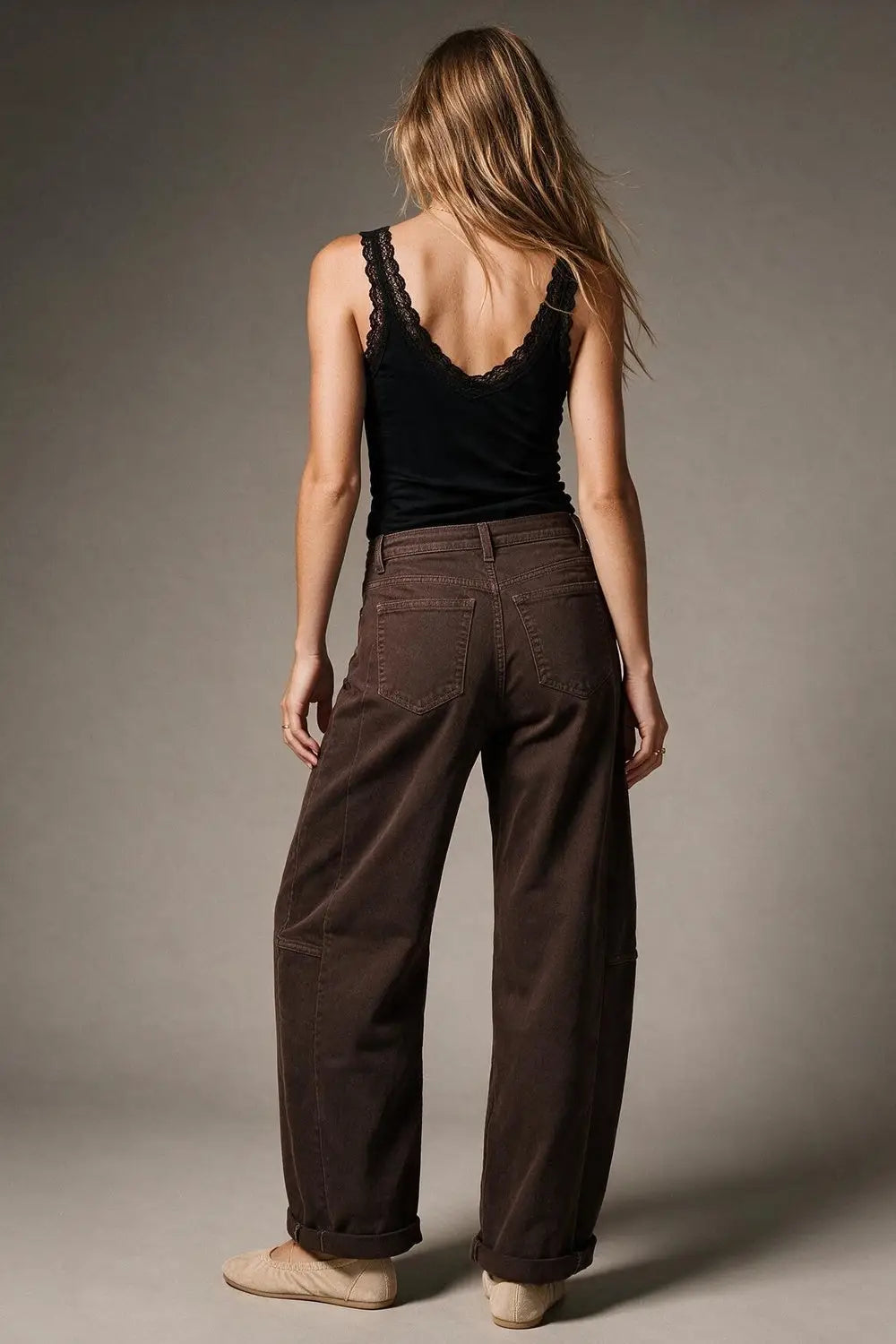 Brown Wide-Leg Cotton Twill Pants with Pockets in Barrel Style