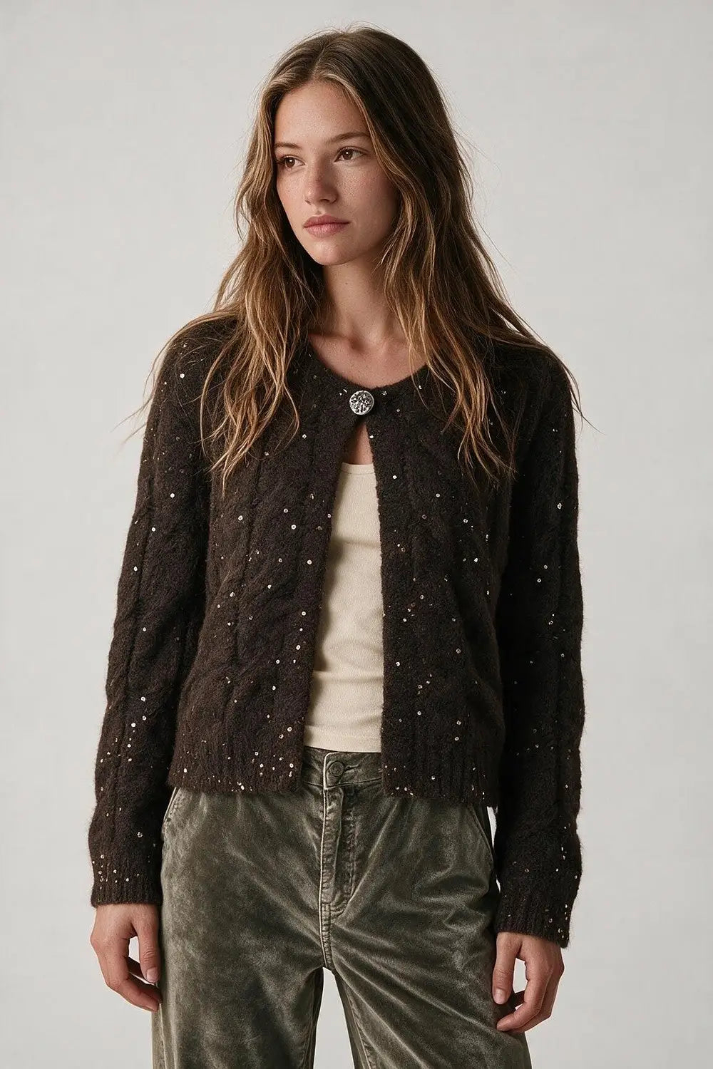 Brown Sequin Faux Mohair Cable Knit Button Cardigan