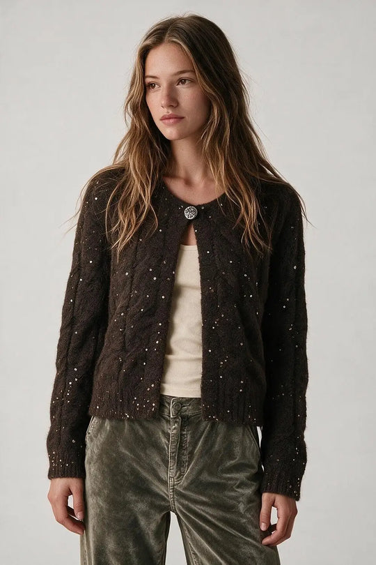 Brown Sequin Faux Mohair Cable Knit Button Cardigan