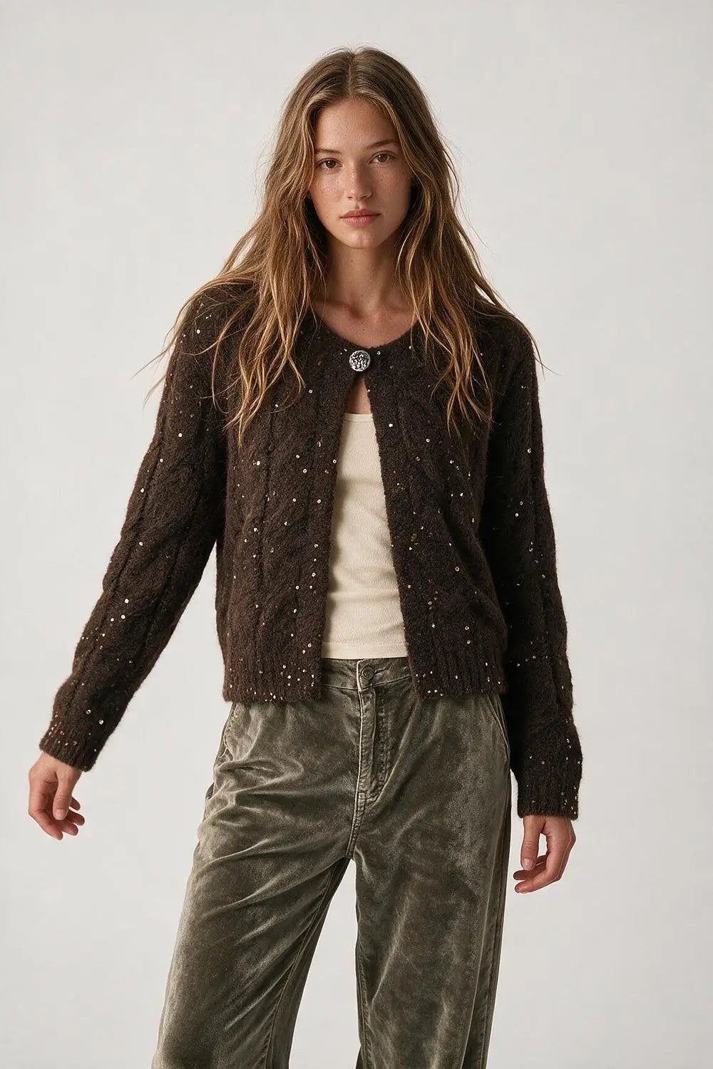 Brown Sequin Faux Mohair Cable Knit Button Cardigan