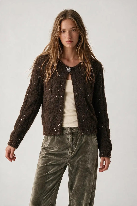 Brown Sequin Faux Mohair Cable Knit Button Cardigan