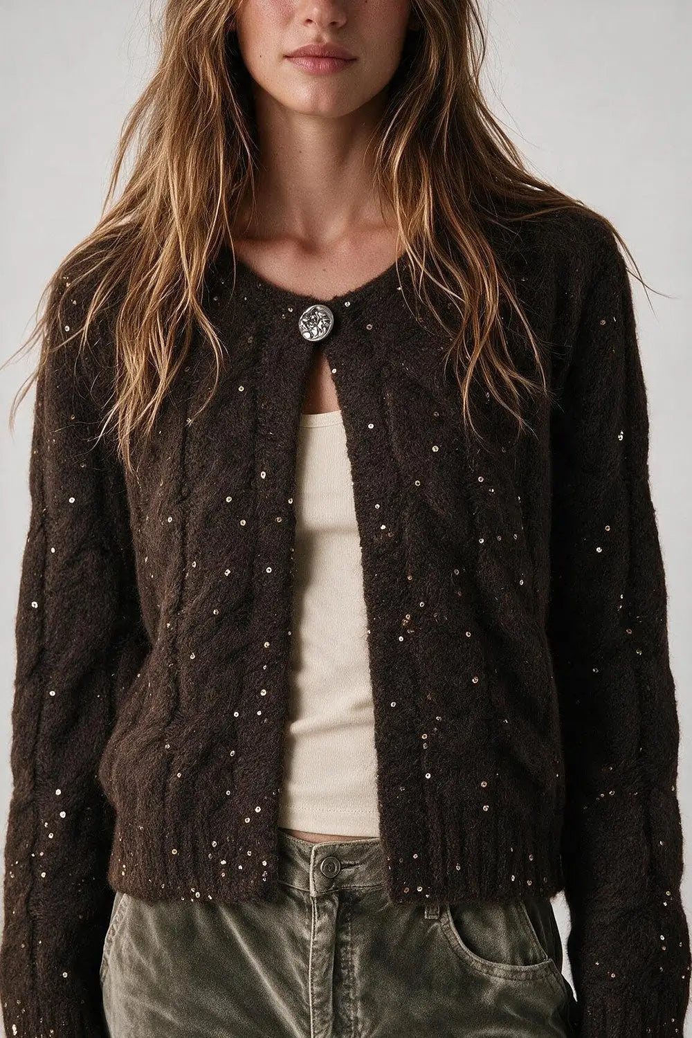 Brown Sequin Faux Mohair Cable Knit Button Cardigan