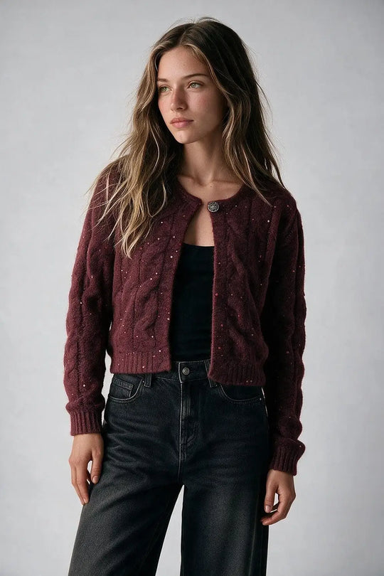 Burgundy Cable Knit Sequin Button Front Cropped Cardigan