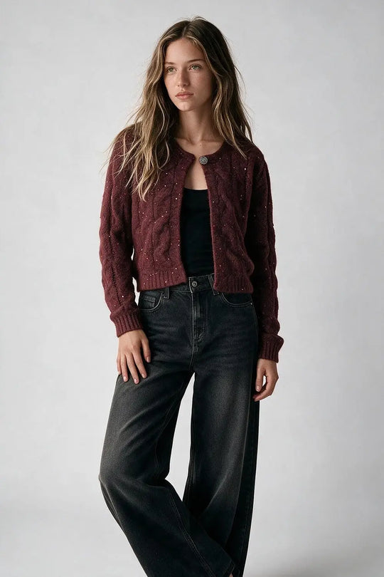 Burgundy Cable Knit Sequin Button Front Cropped Cardigan