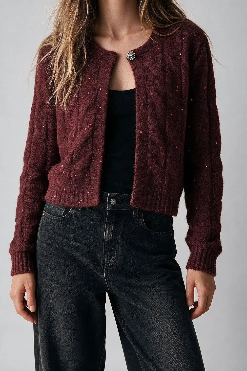 Burgundy Cable Knit Sequin Button Front Cropped Cardigan