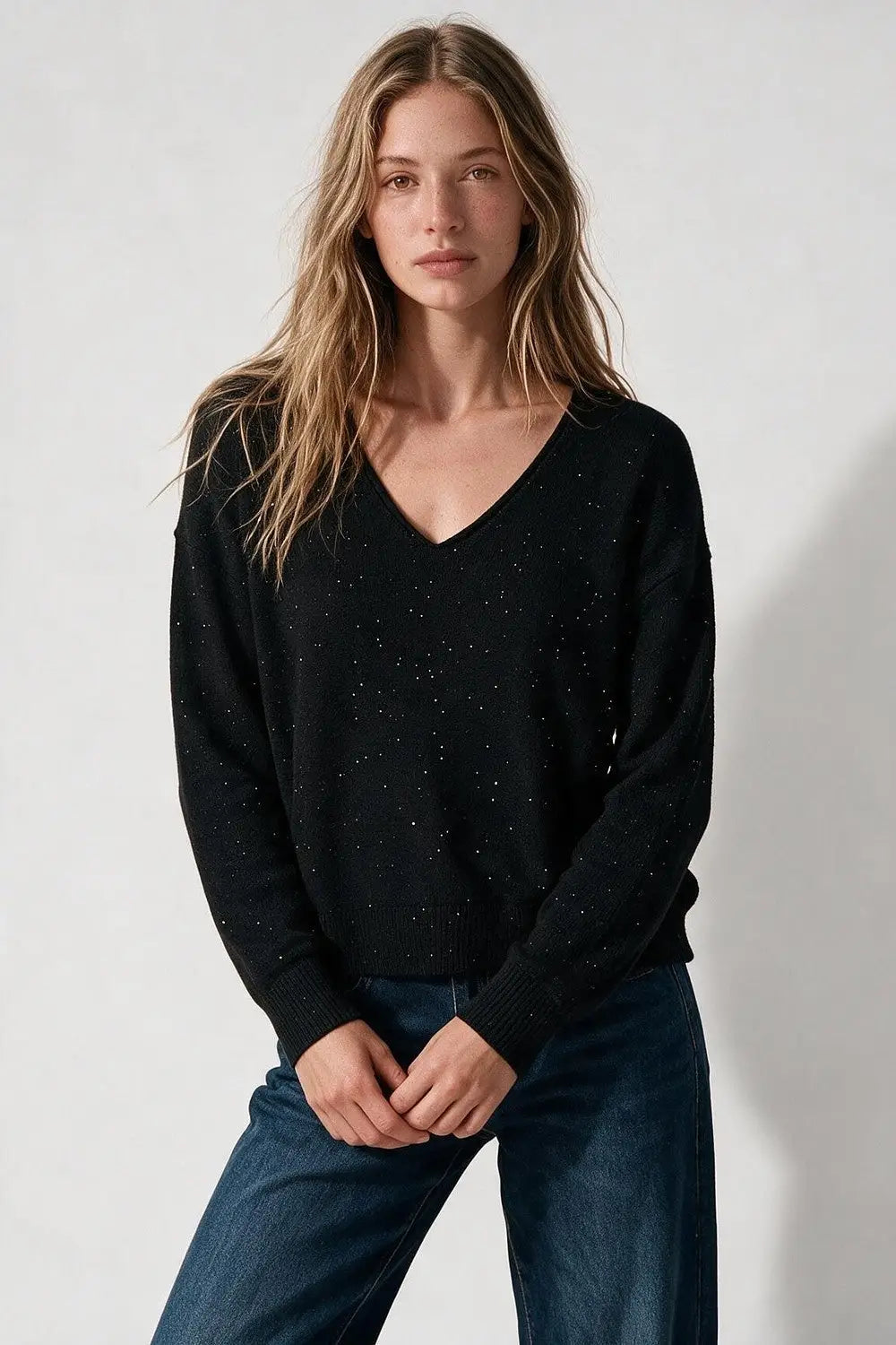Black Glitter Fine Knit V Neck Ribbed Trim Sweater with sequins embellished
