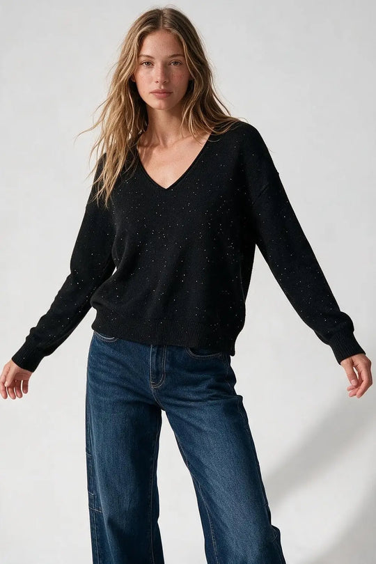 Black Glitter Fine Knit V Neck Ribbed Trim Sweater with sequins embellished