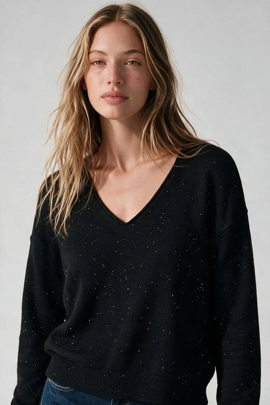 Black Glitter Fine Knit V Neck Ribbed Trim Sweater with sequins embellished