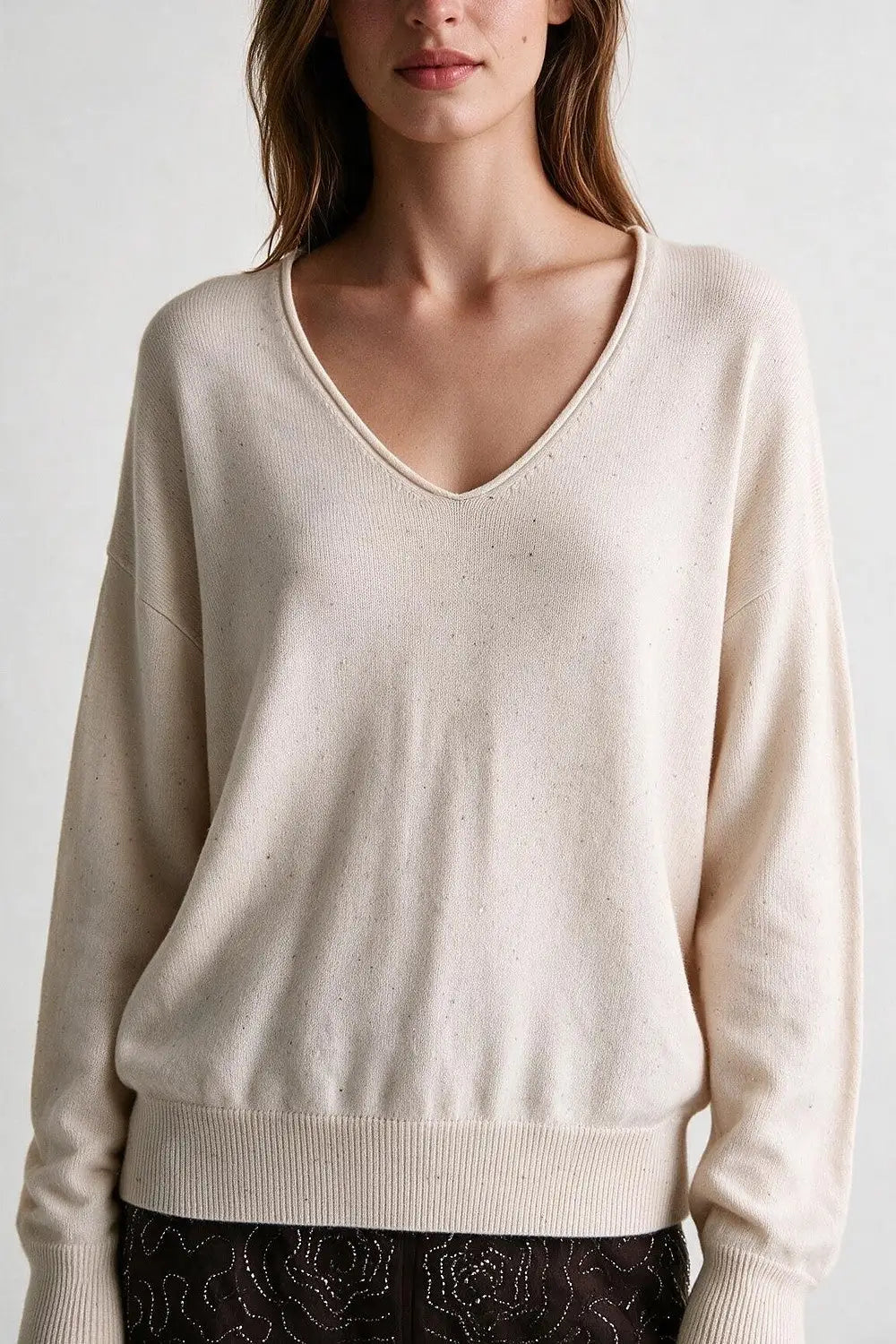 beige Speckled Soft Knit V Neck Ribbed Sweater with sequins embellished