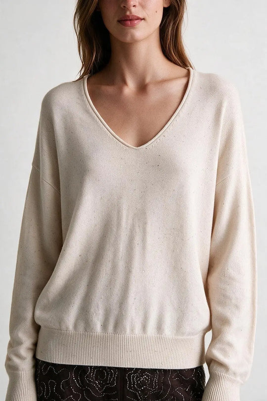 beige Speckled Soft Knit V Neck Ribbed Sweater with sequins embellished