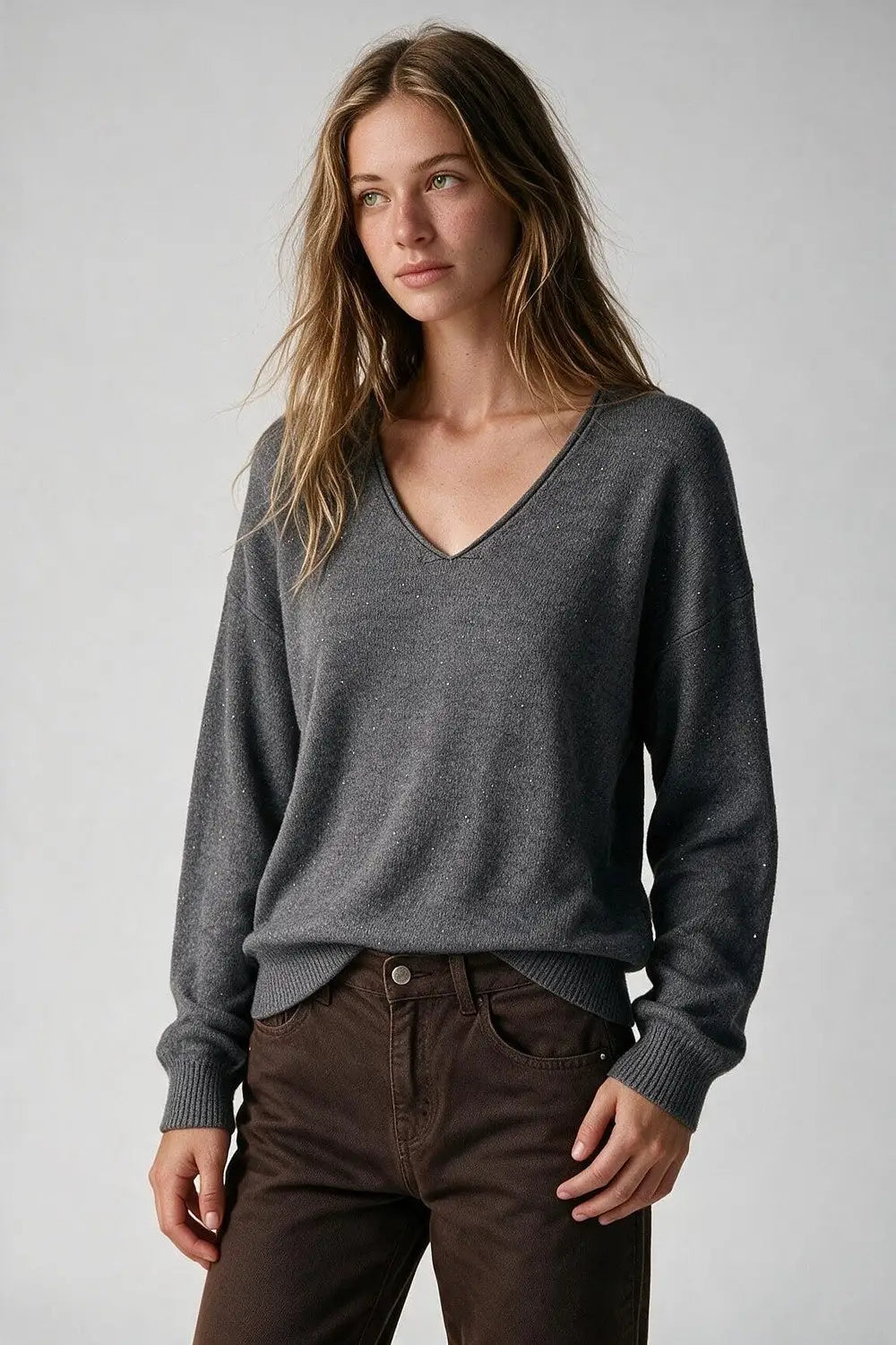 Grey Fine Knit V Neck Ribbed Trim Sweater with sequins embellished