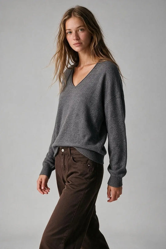 Grey Fine Knit V Neck Ribbed Trim Sweater with sequins embellished
