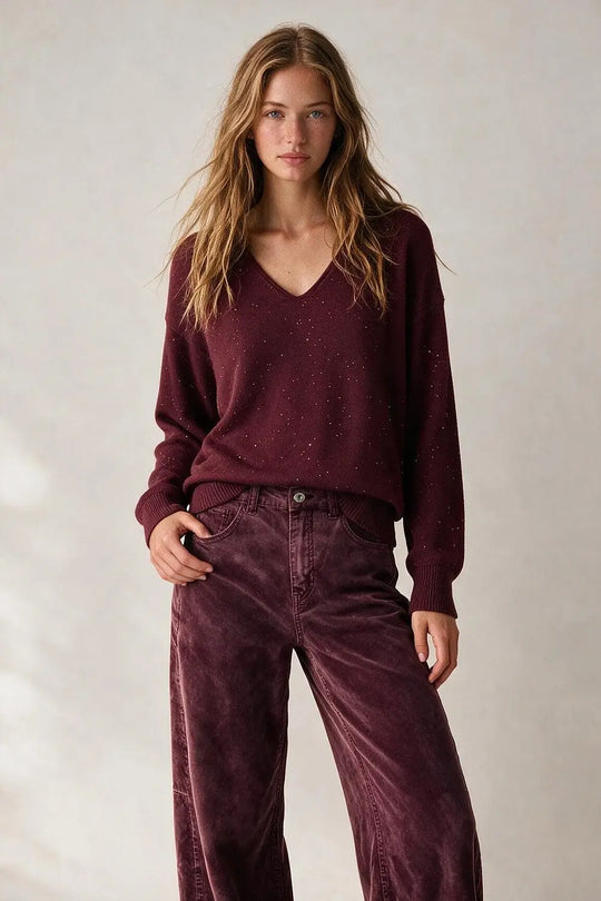wine Glitter Fine Knit V Neck Ribbed Trim Sweater with sequins embellished