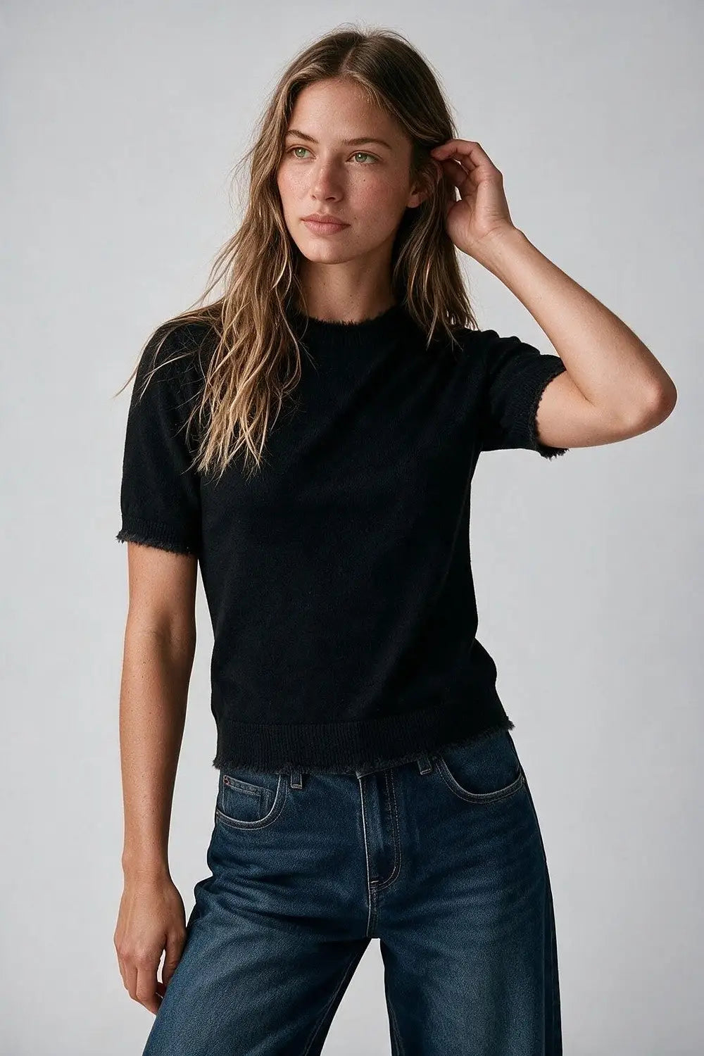 Black Short Sleeve Crew Neck Sweater with Faux Fur Trim