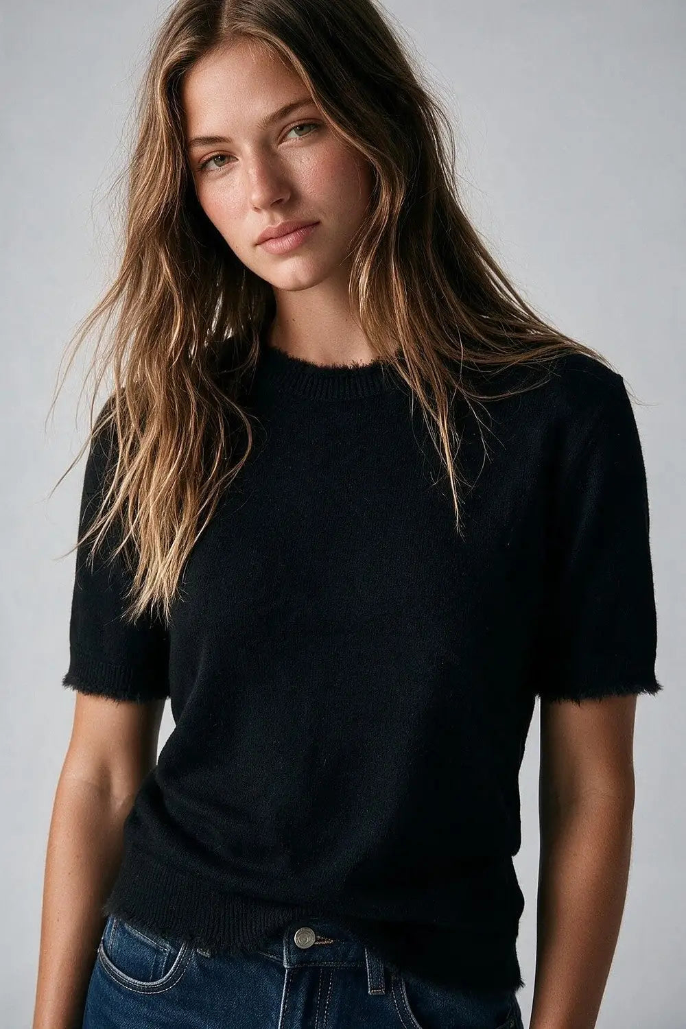 Black Short Sleeve Crew Neck Sweater with Faux Fur Trim